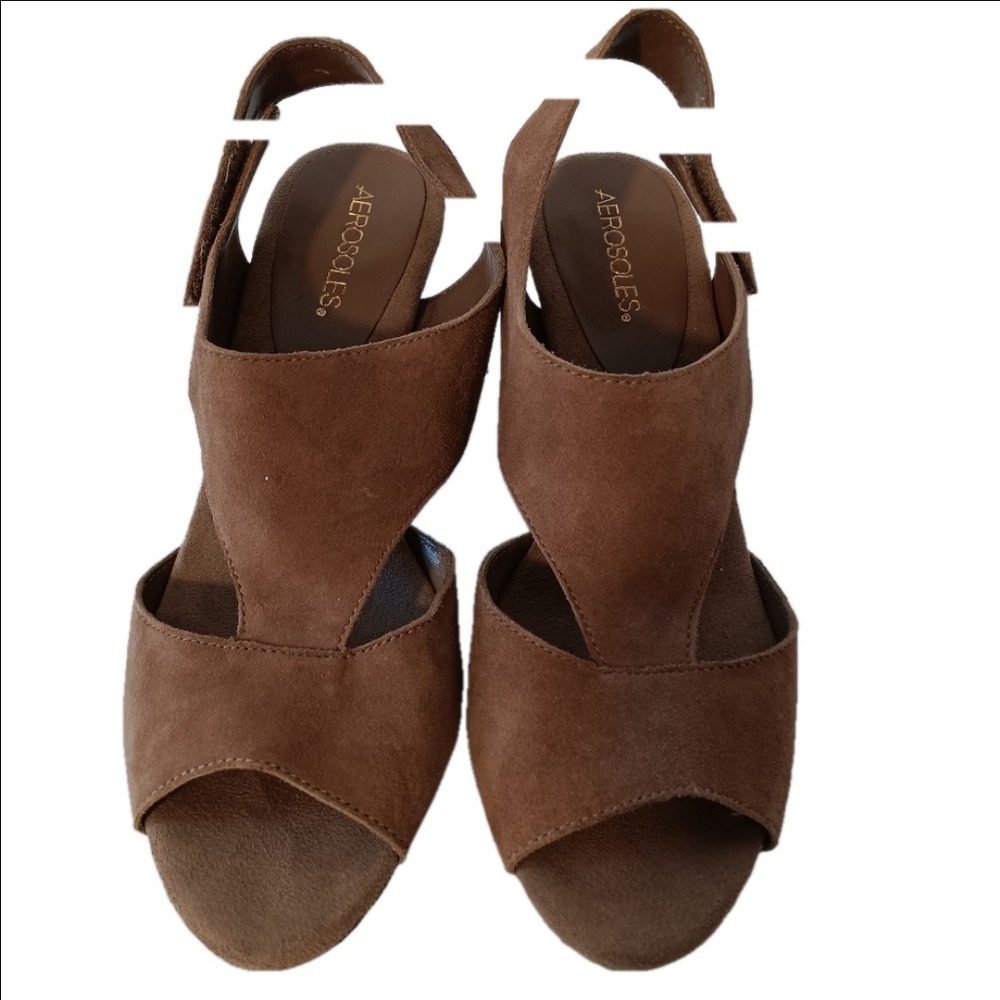 Aerosoles Faximilian Sandals Women 10 Brown Suede Leather Peep Toe Kitten Heels